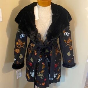 NWT Paparazzi Faux leather & fur floral boho embroidered penny lane coat Artsy S